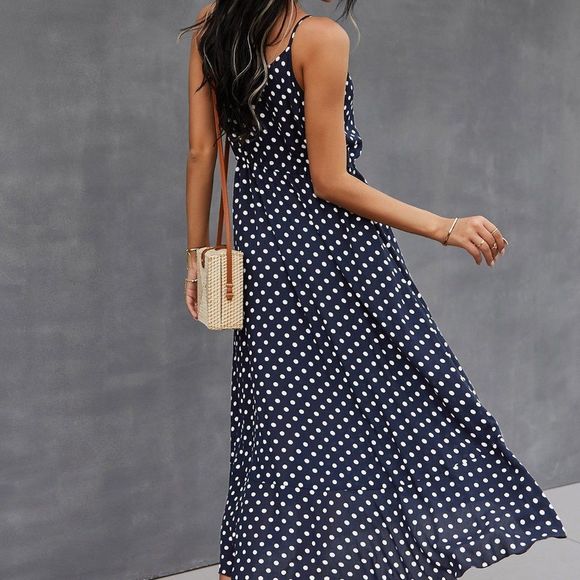 New Button Through Drawstring Waist Polka Dot Cami Dress Navy blue 226 - Picture 3 of 6